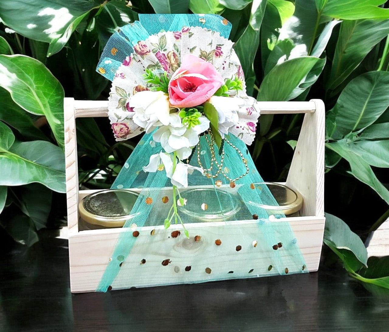 Handcrafted pine wood gift basket with 3 airtight jars, customized with gourmet treats, elegantly decorated for weddings, Diwali, corporate gifting & special occasions.