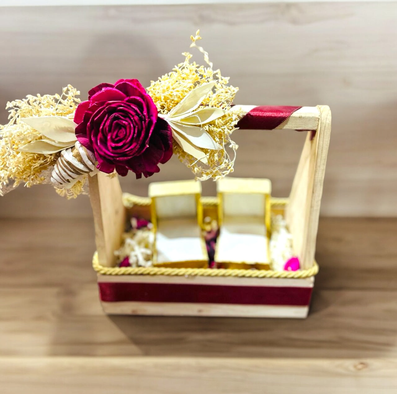 Rustic Pinewood Engagement Ring Platter with Dry Flower Decoration and Ring Boxes