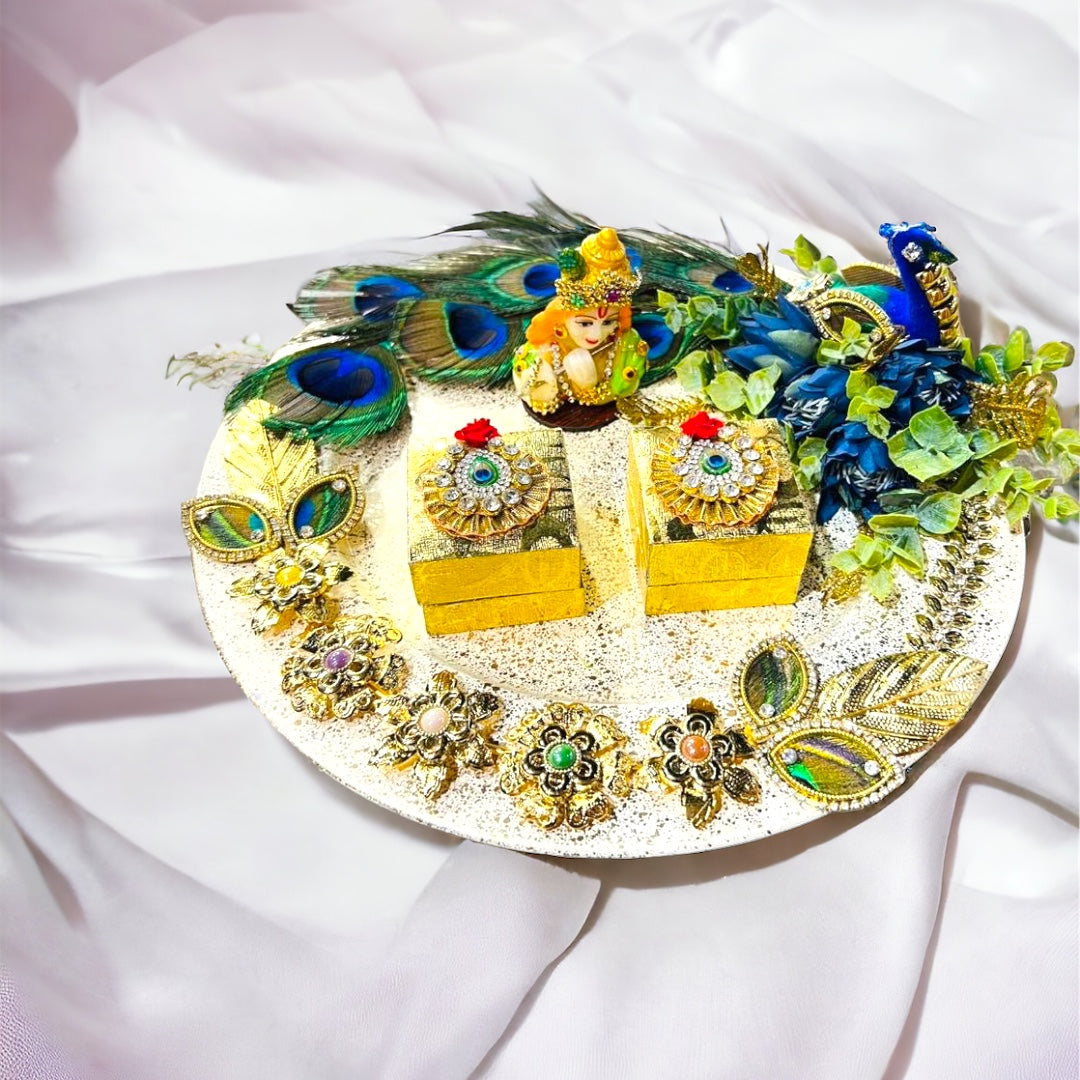 Eternal Love Peacock-themed Engagement Ring Platter with Krishna Idol