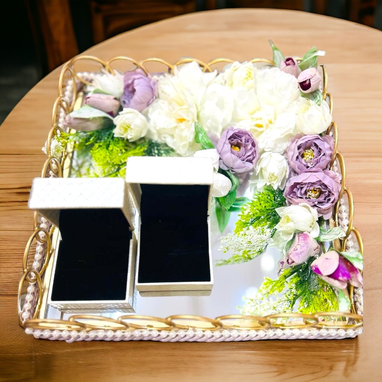 Enchanted Love Engagement Ring Platter: Purple & White Elegance