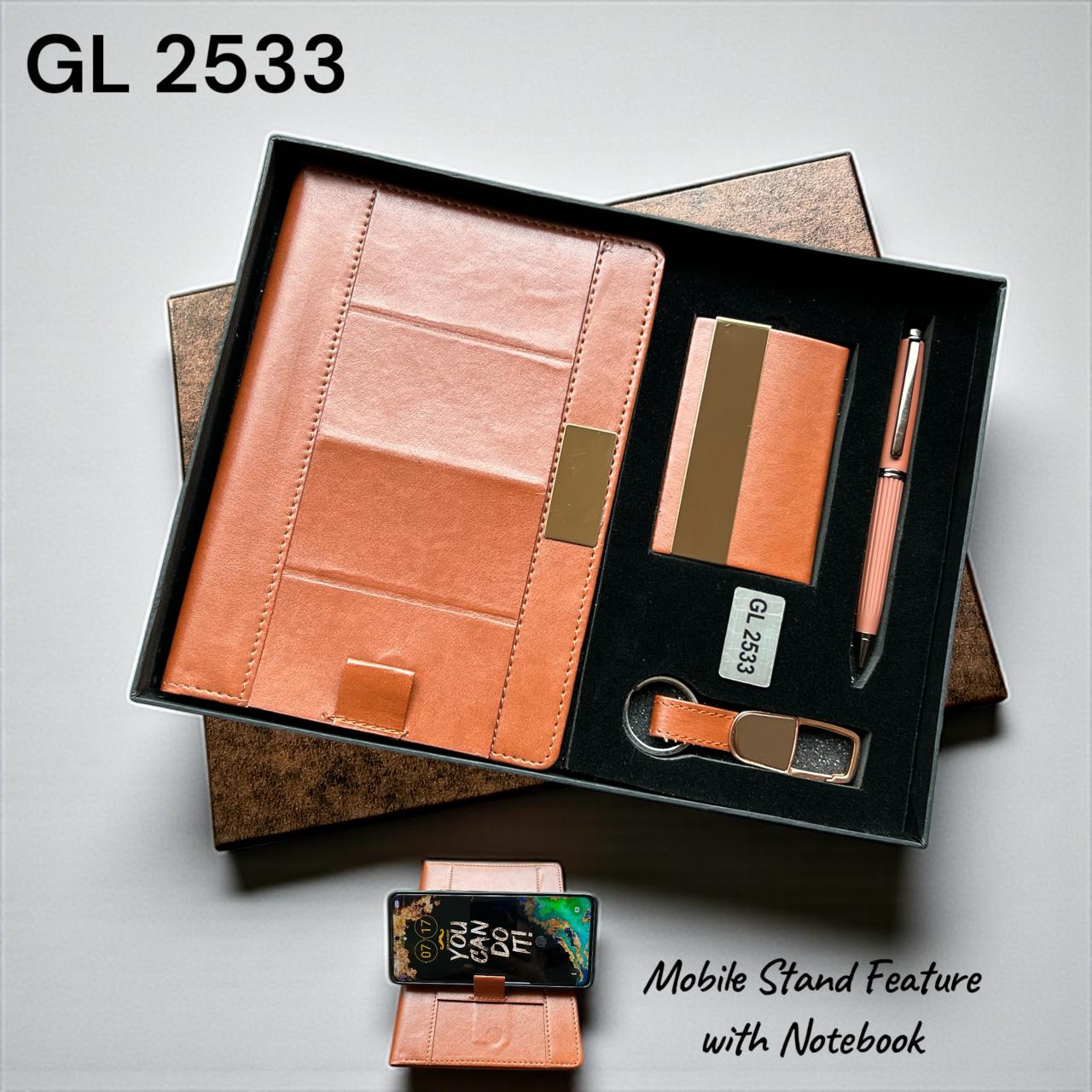 4-in-1 brown combo gift set with notebook, pen, mobile stand and keychain