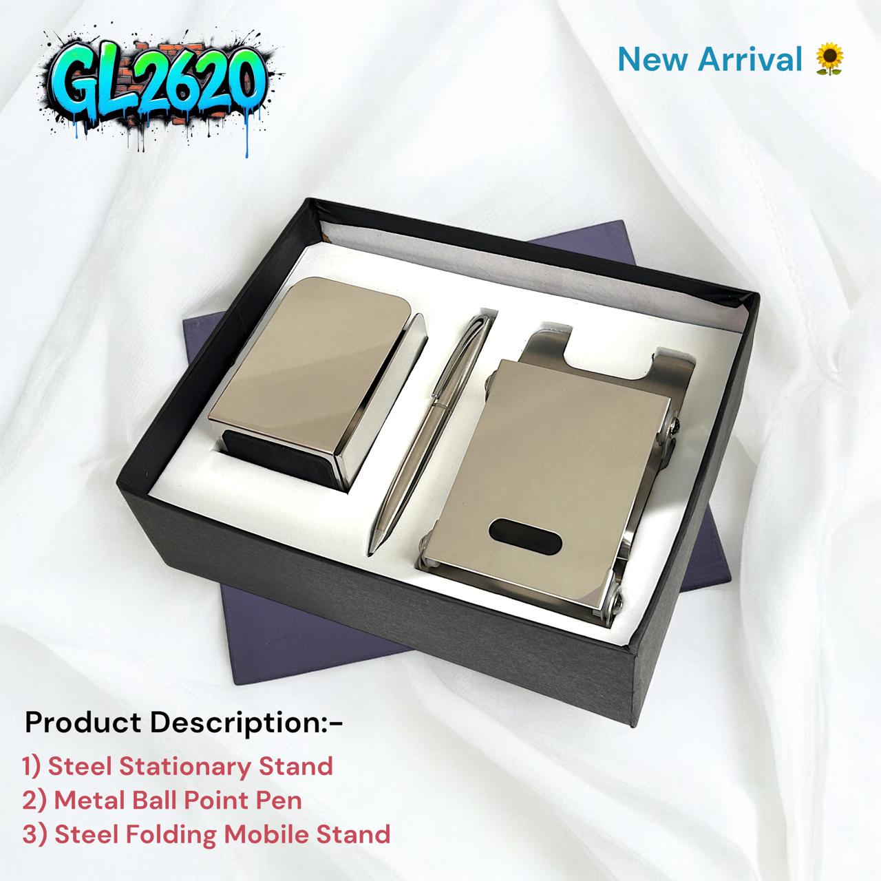 3-in-1 metal stationery gift set with steel pad, ball pen and folding mobile stand