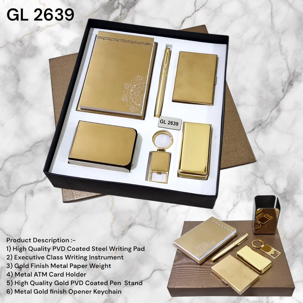 Luxury gold finish executive gift set with writing pad and desk accessories