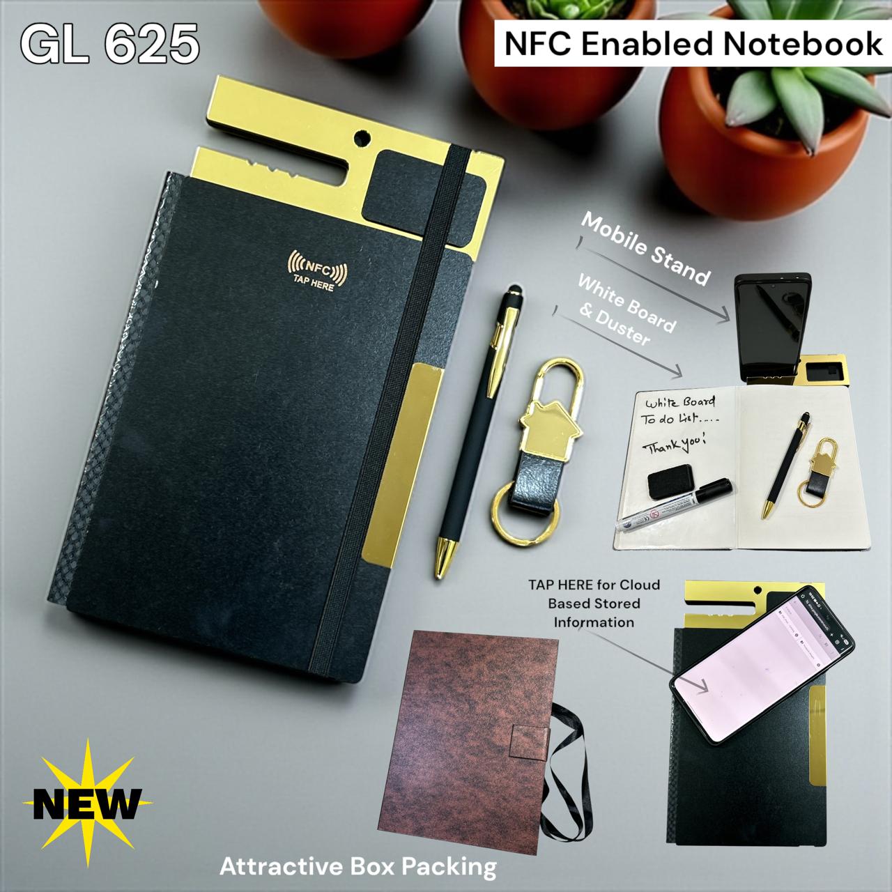 Corporate gifting set featuring NFC-enabled A5 notebook, black & gold pen and keychain