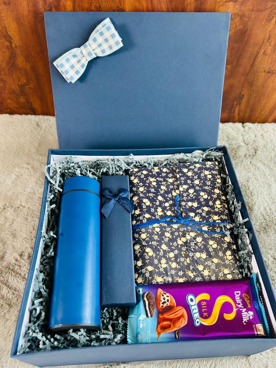 Men's Blue-Themed Gift Hamper – Handmade Paper Diary, Bottle, Pen, and Dairy Milk Chocolate in a Rigid Gift Box