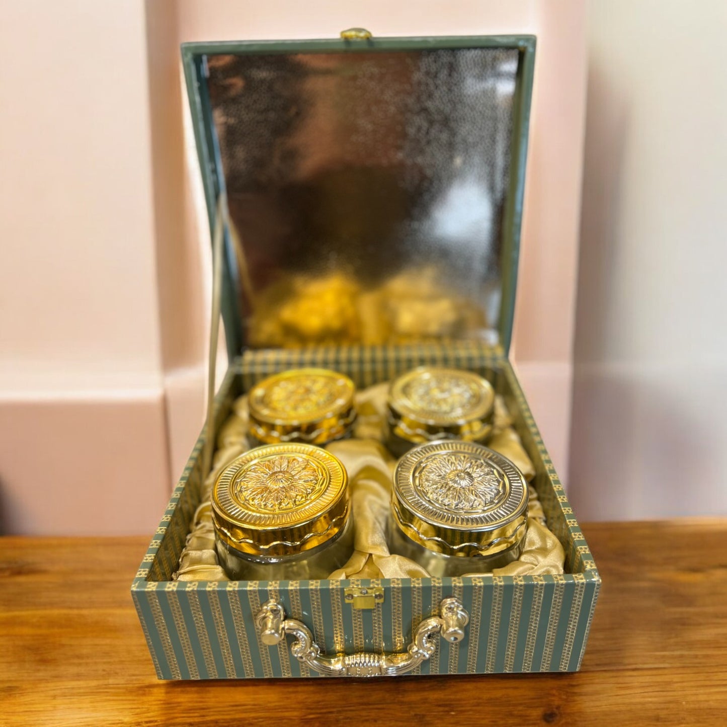 Luxury Dry Fruit Box with 4 Jars | Rexin Finish with Gold Foil Work | Premium Gifting for Festivals & Weddings