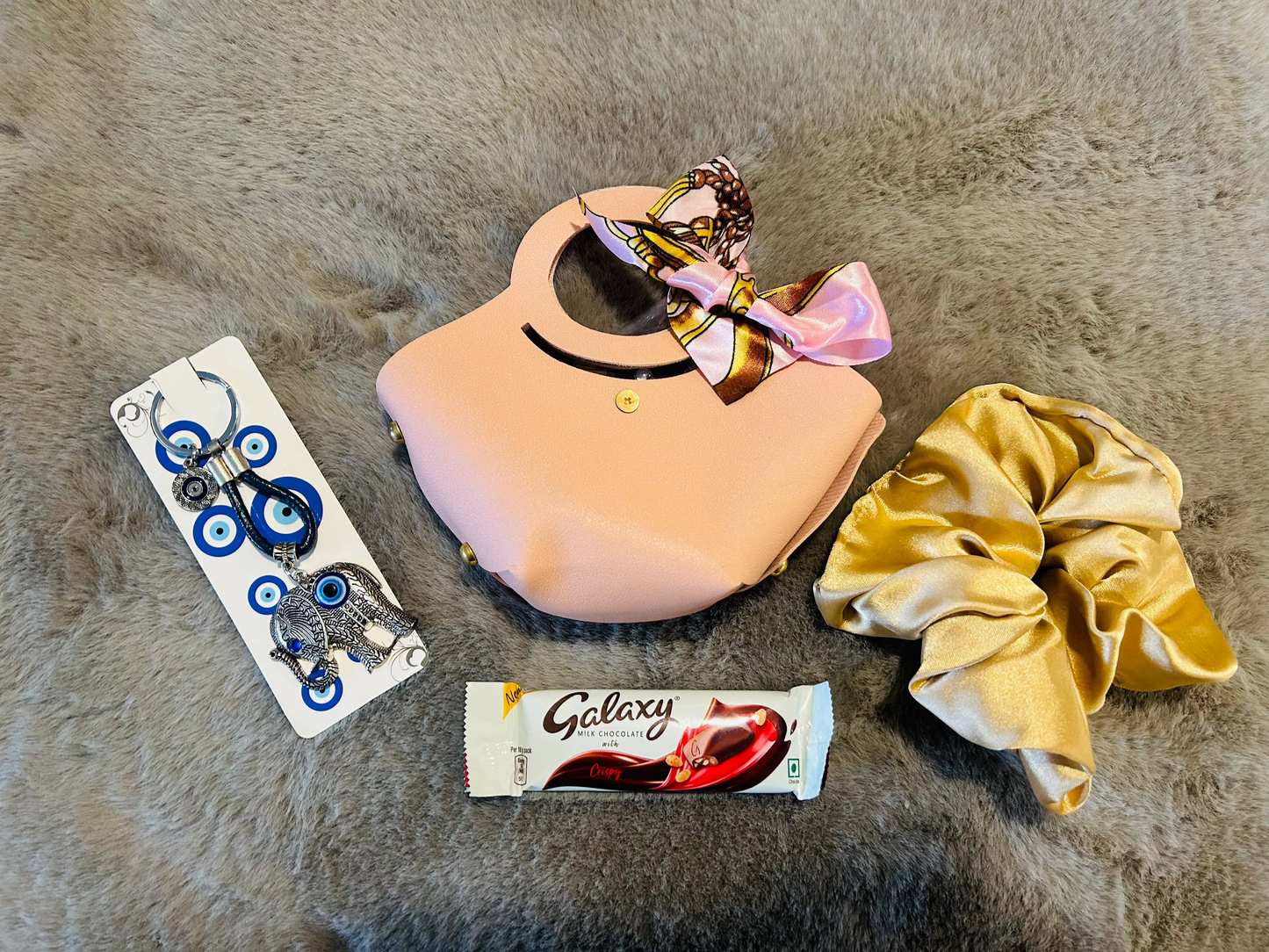 Charming Gift Hamper – Evil Eye Keychain, Chocolate & Scrunchie in a Purse-Style Bag | Birthday, Anniversary & Wedding Return Favor