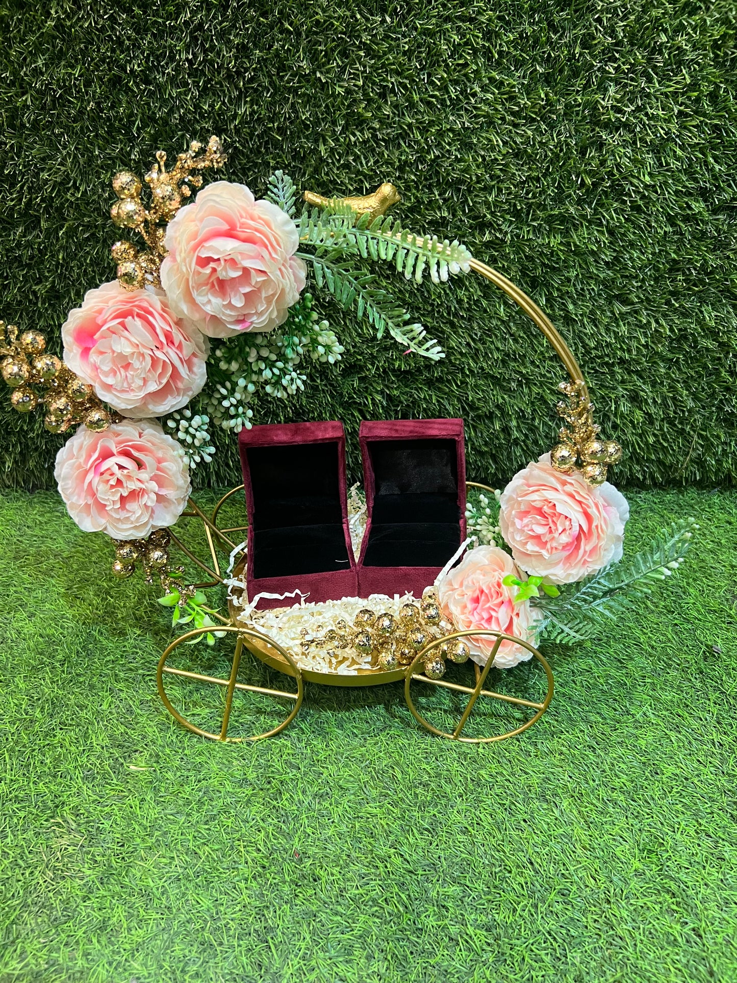 Exquisite Engagement Ring Platter on Ornate Metal Carriage with Peonies and Customizable Embellishments