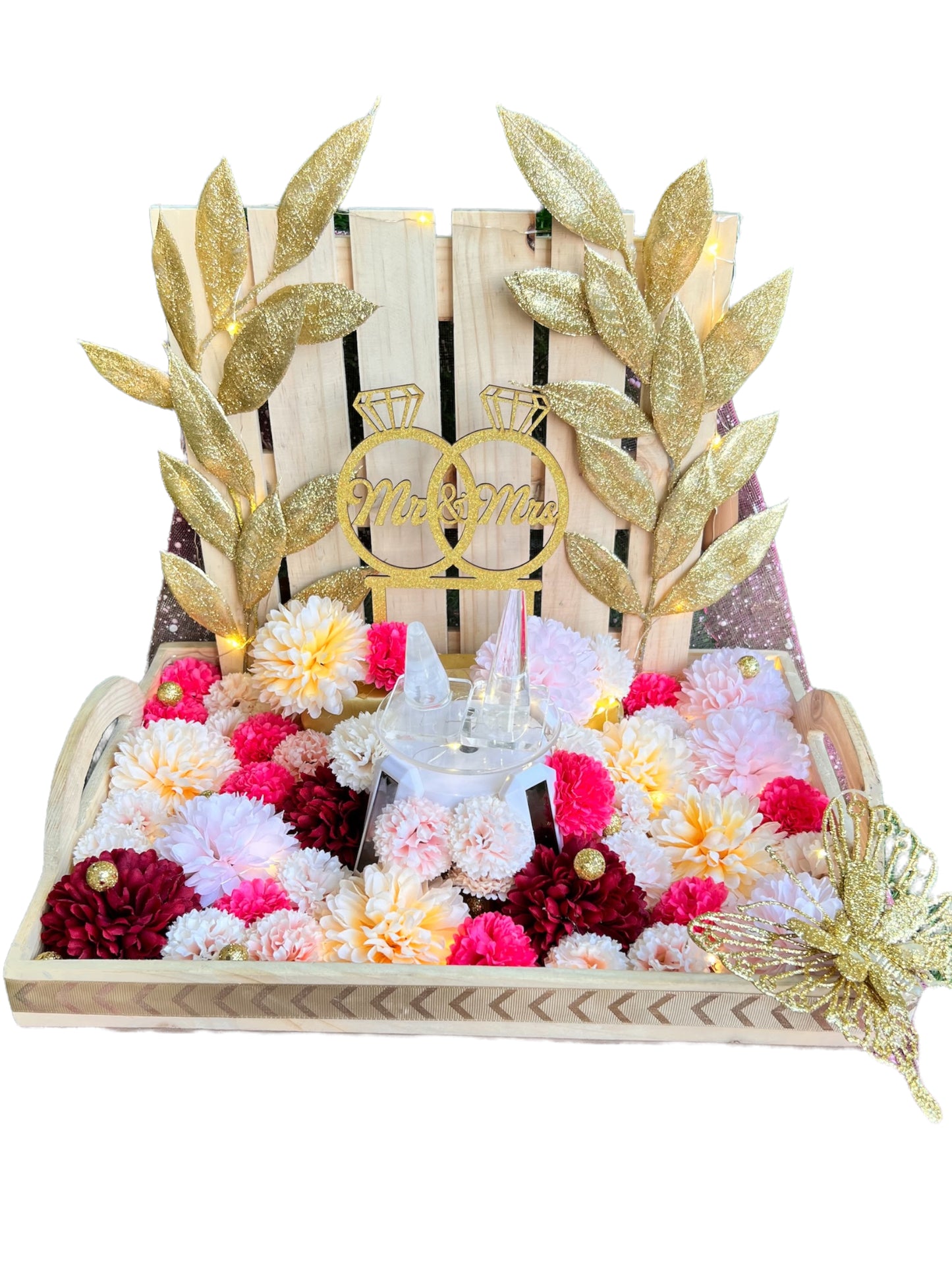 Elegant Engagement Ring Platter with Rotating Ring Holders and Multicolor Carnation Flowers