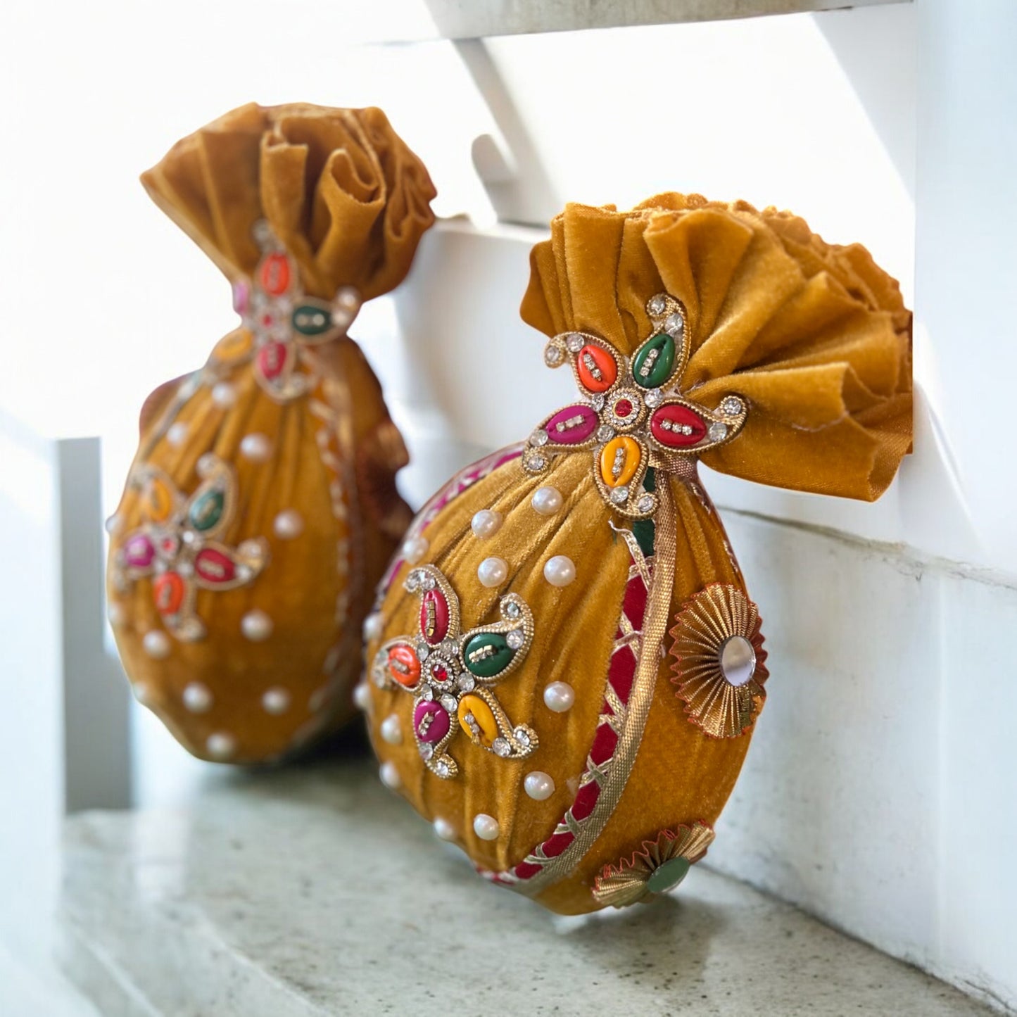 Decorated Shagun Nariyal in Yellow Velvet with Booti – Fresh Coconut for Pooja & Wedding by Wrap Shap