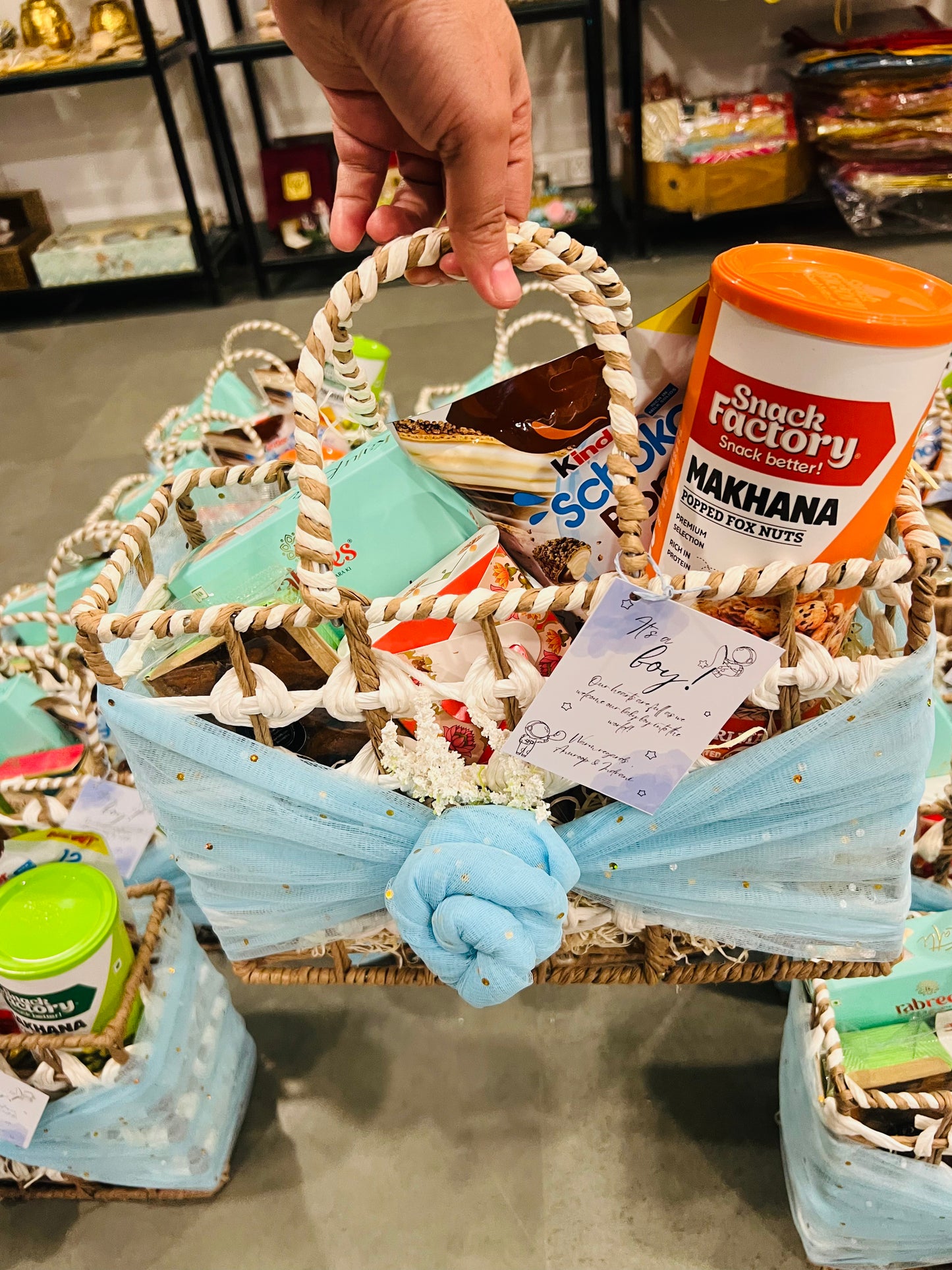 Personalized Newborn Announcement Hamper in Decorated Rafia Basket