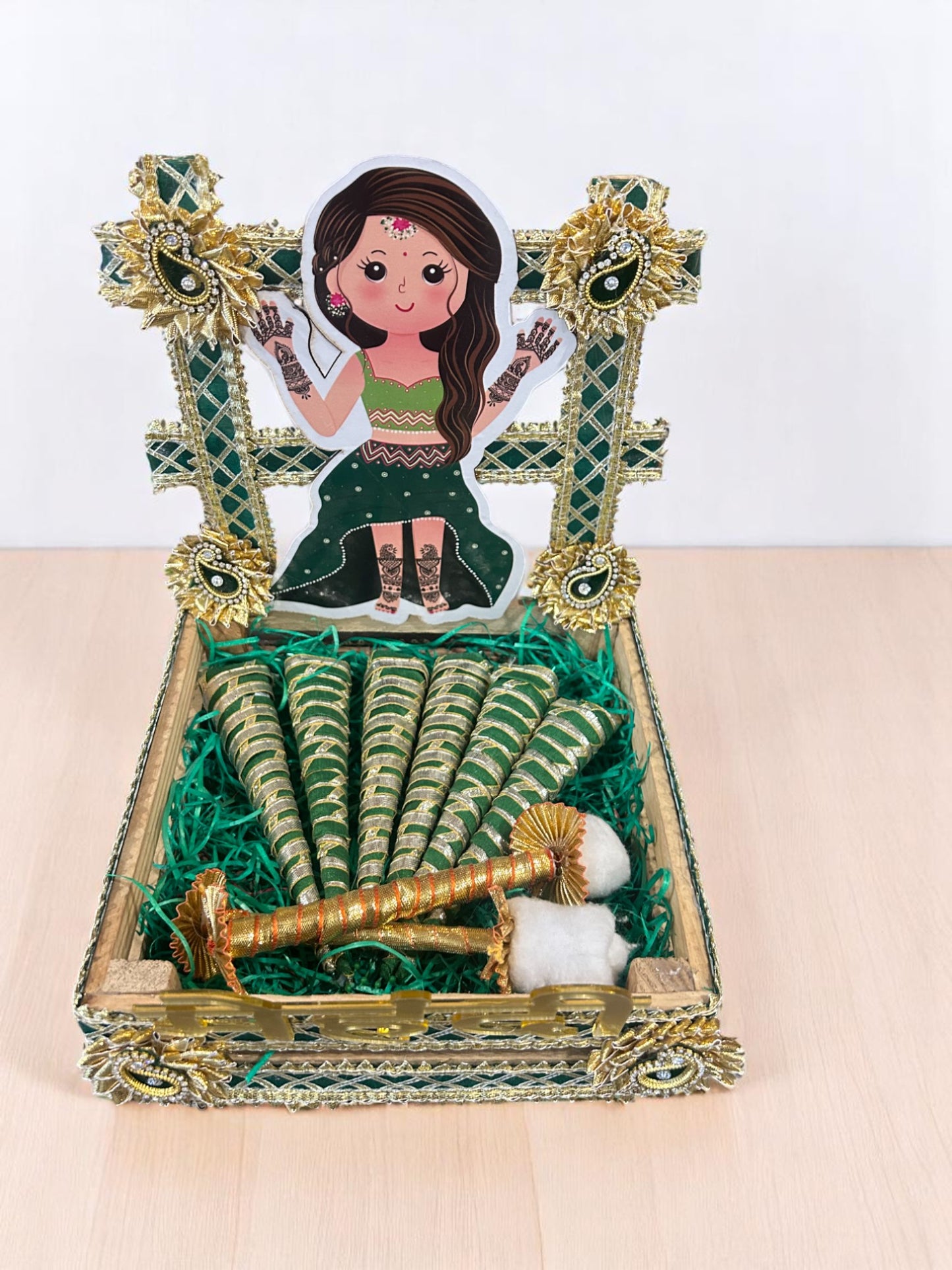 Mehendi Platter in Pinewood Basket with Mehendi Girl Cutout & 6 Decorated Cones | Haldi Mehendi Gift Tray | Wrap Shap