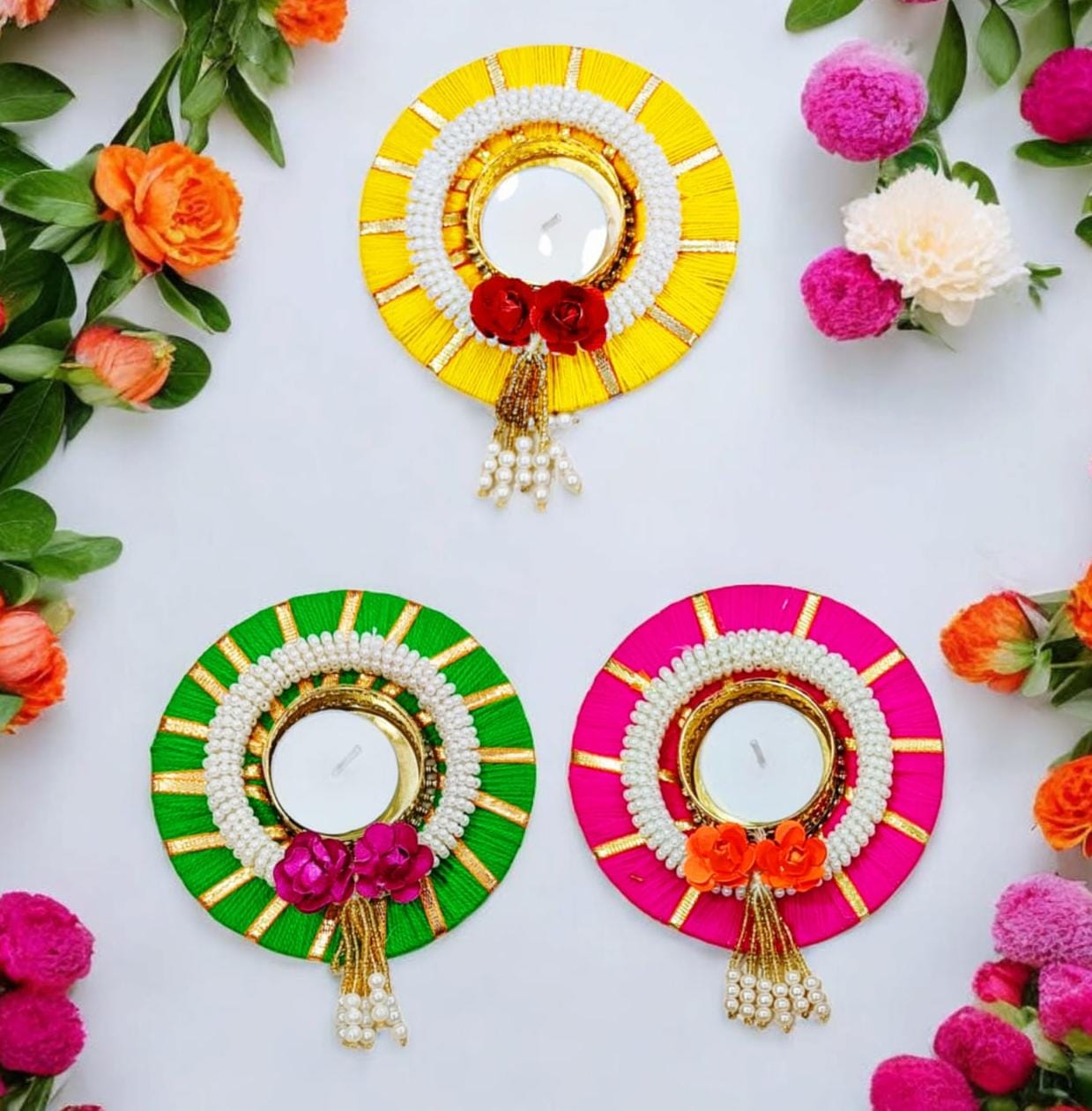 Handcrafted decorative tea light holder with pearls and flowers