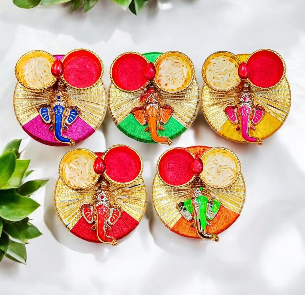 Multicolour Ganesh Ji roli chawal plate for pooja rituals