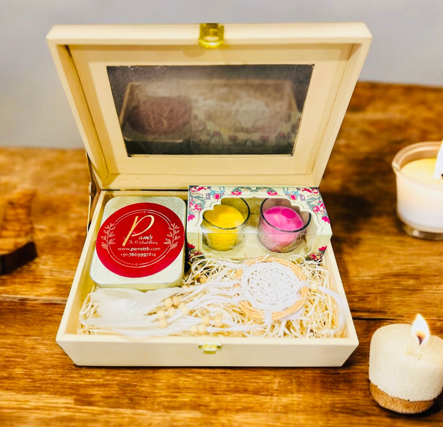 Luxury Gift Hamper – Handmade Chocolates, Scented Candle Set & Macrame Hanging in a Transparent Wooden Gift Box | Birthday, Anniversary & Women’s Day Gift