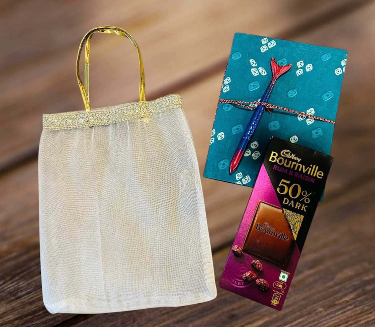 Elegant Gift Hamper – Handmade Notebook, Pen & Chocolate in a Stylish Tissue Bag | Birthday, Anniversary & Women’s Day Gift