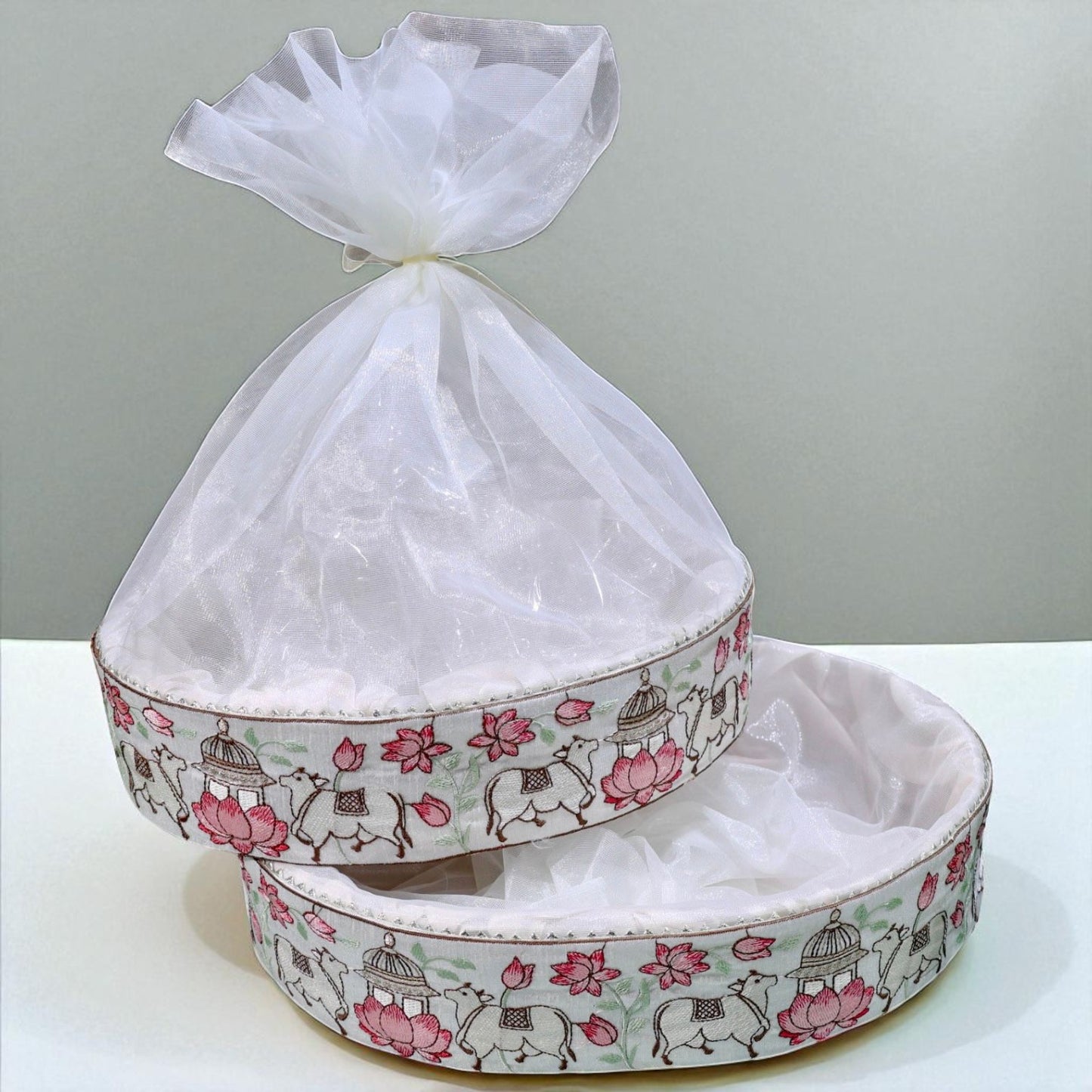 Wrap Shap Pichwai Oval Basket with cow and lotus motifs – ethnic gift hamper base for Diwali, pooja, and Indian weddings