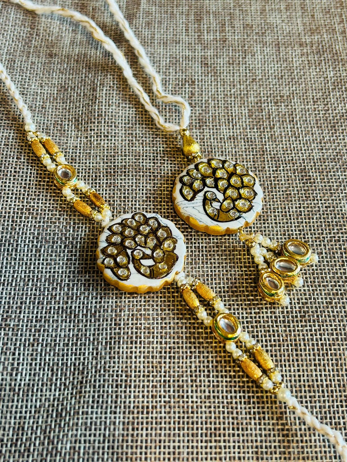 Wrap Shap Designer Bhaiya Bhabhi Premium Kundan Work Rakhi Lumba Set - Peacock Design on Agate Stone with Roli Chawal