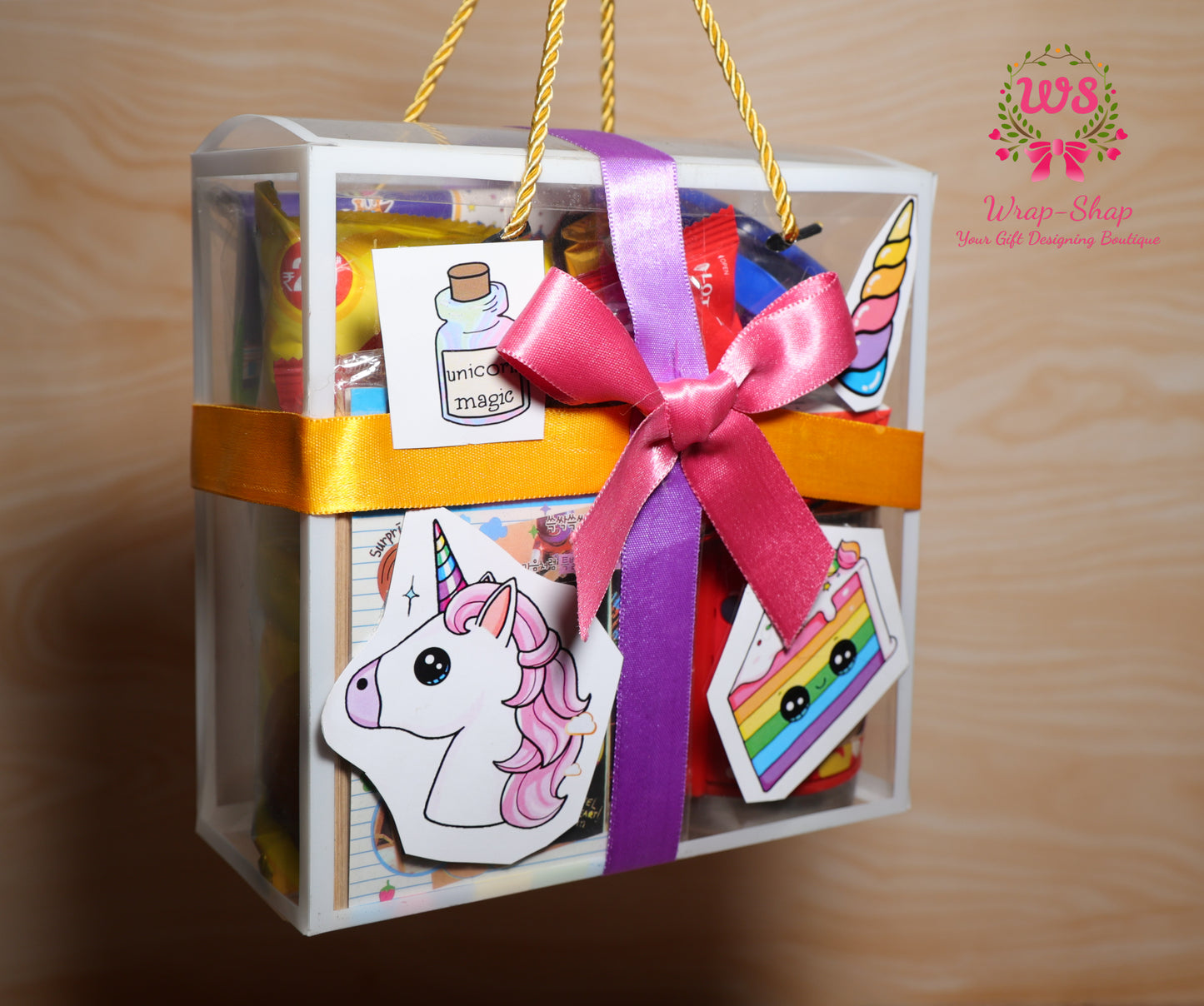 Unicorn Theme Kids Gift Hamper for Girls with Activity Toys, Snacks & DIY Bag in Transparent PVC Bag | Wrap Shap