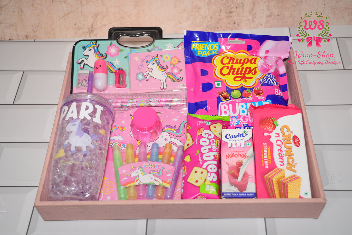 Unicorn Theme Gift Hamper for Girls with Personalized Tumbler, Stationery, Slime & Snacks in Tray | Wrap Shap