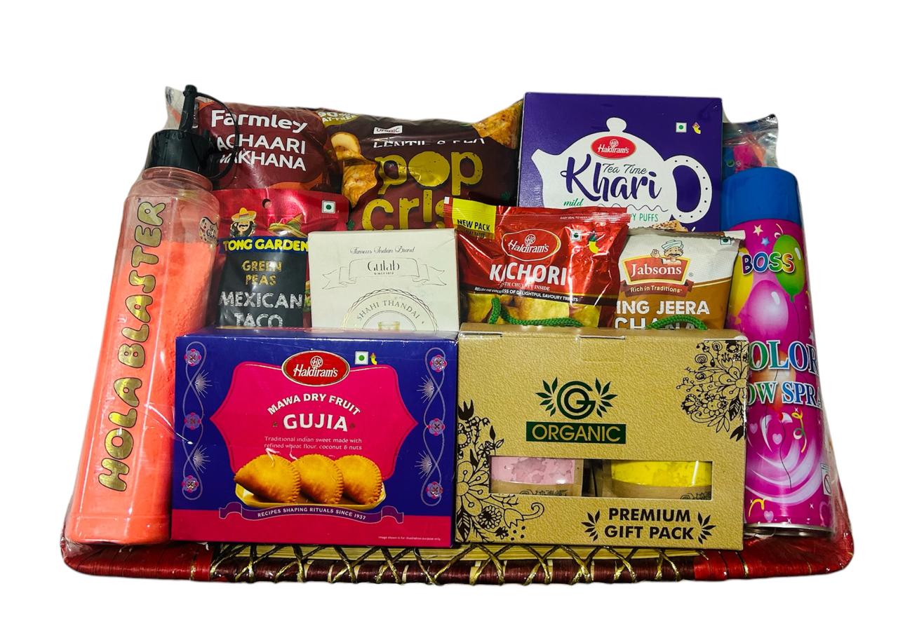 Holi Celebration Hamper with Gulal Blaster, Organic Gulal Pack, Snow Spray & Dry Fruit Gujiya | Festive Gift Box