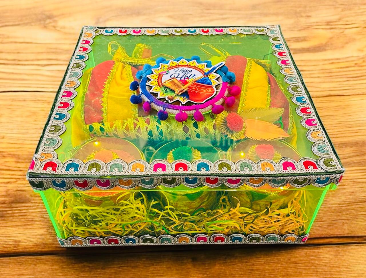 Luxury Holi Gift Hamper – Gujiya, Coated Almonds, Gulal, Decorative Pichkari in Neon Acrylic Box