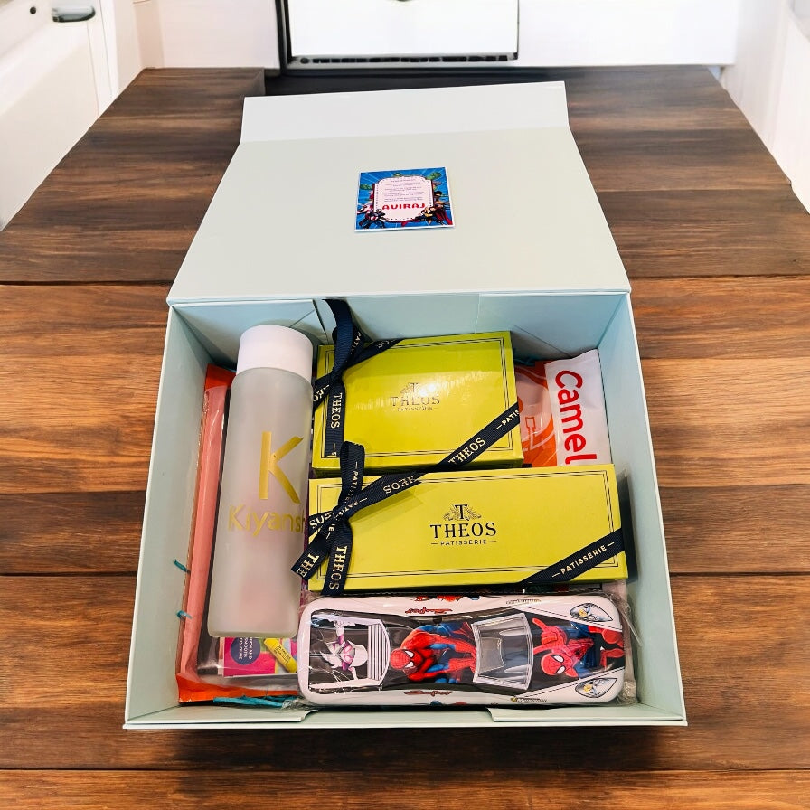 Personalized Kids Birthday Return Gift Hamper – Stationery, Chocolates, Bottle Brownies in Custom Name Box