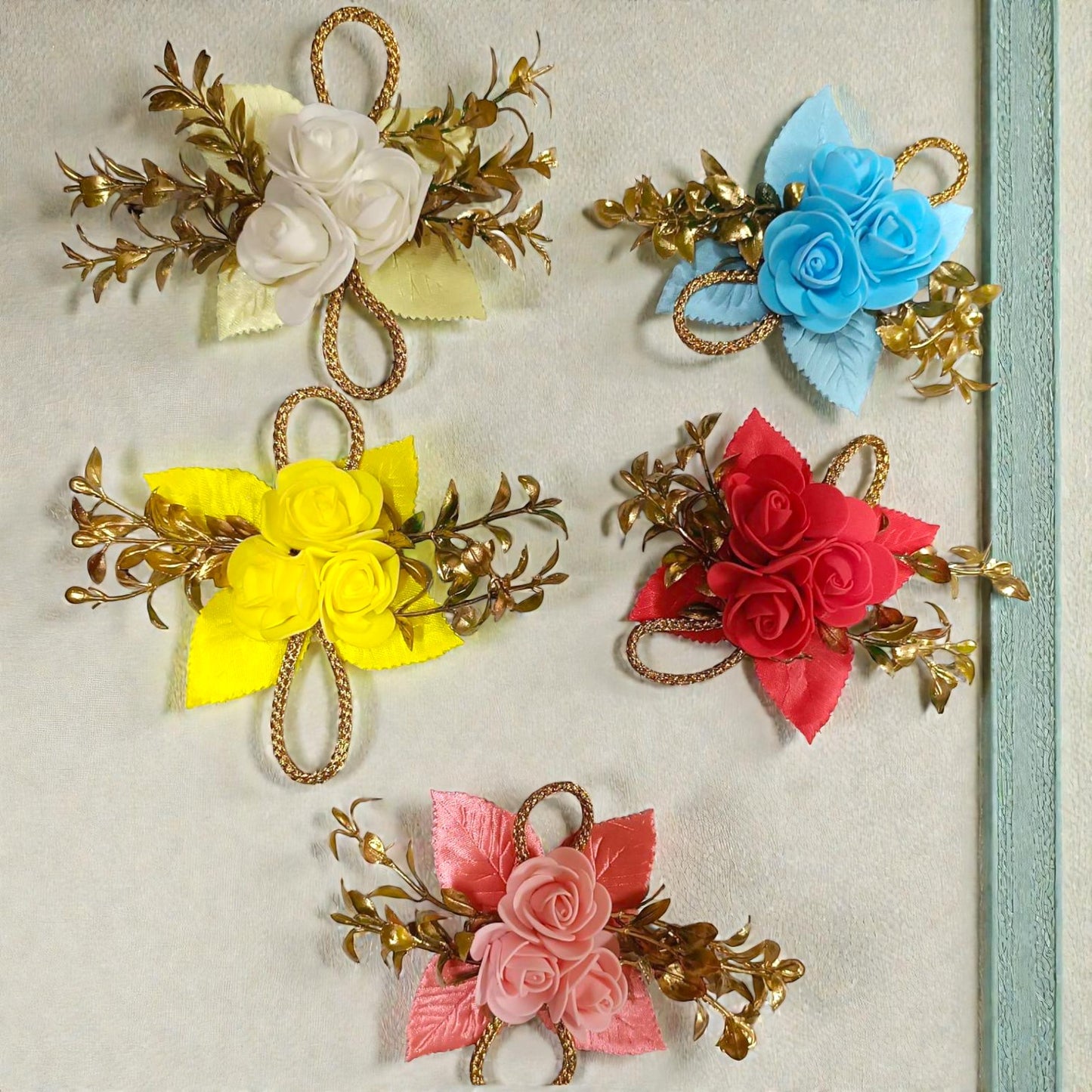6-inch artificial foam flower bunch with golden embellishments for hamper and gift packing.