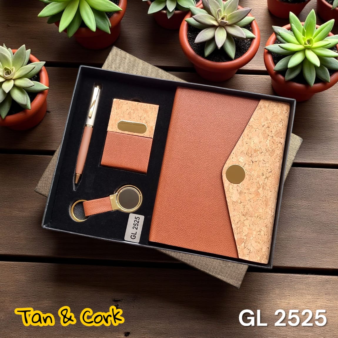 Premium 4-in-1 corporate gift set in tan & cork theme with diary, pen, keychain & card holder – customizable with company logo, ideal for Diwali & corporate gifting.