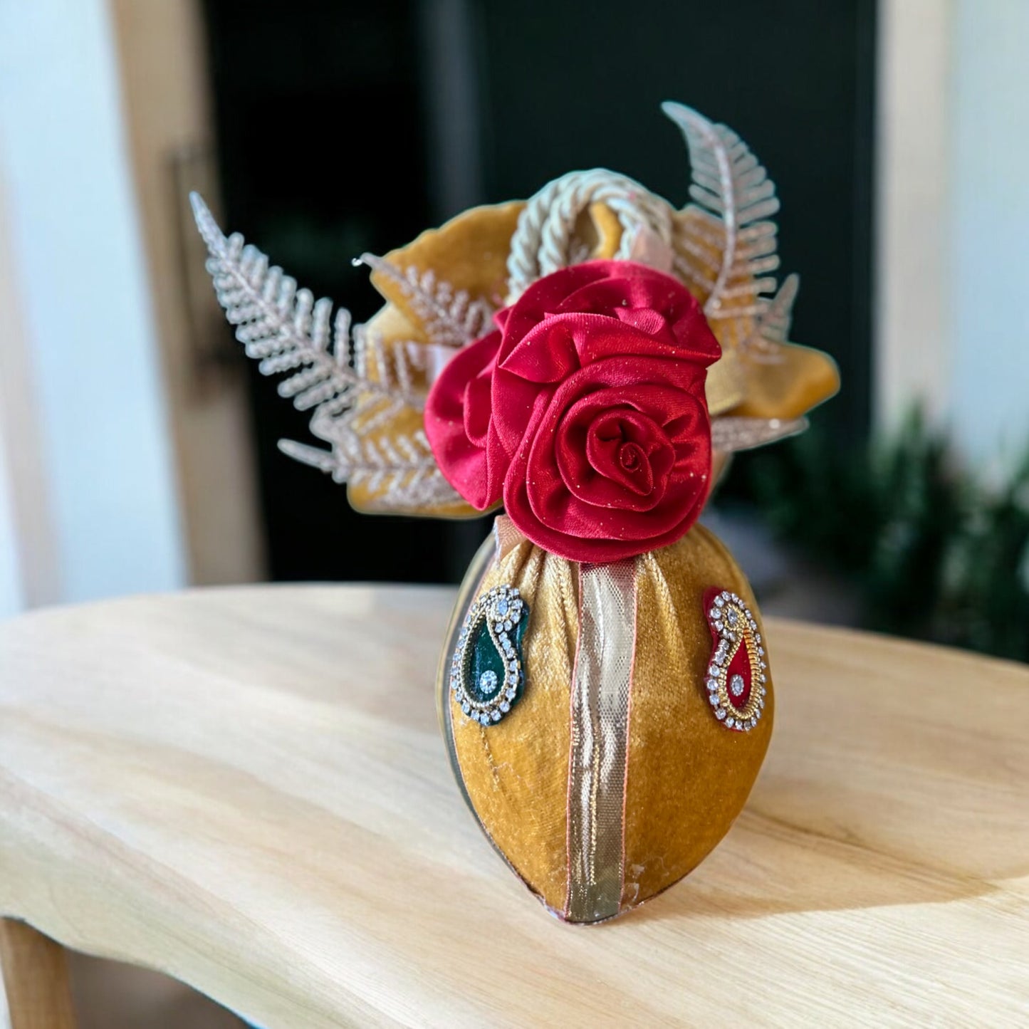 Decorated Shagun Nariyal in Red & Yellow Velvet with Flowers & Booti – Fresh Coconut for Wedding & Pooja by Wrap Shap