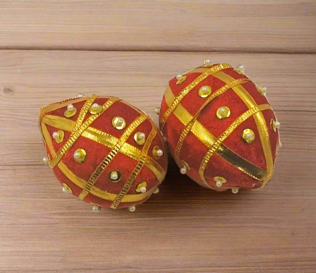 Decorated Sookha Nariyal in Red Cloth with Pearl & Gota – Dry Coconut for Shagun & Pooja by Wrap Shap