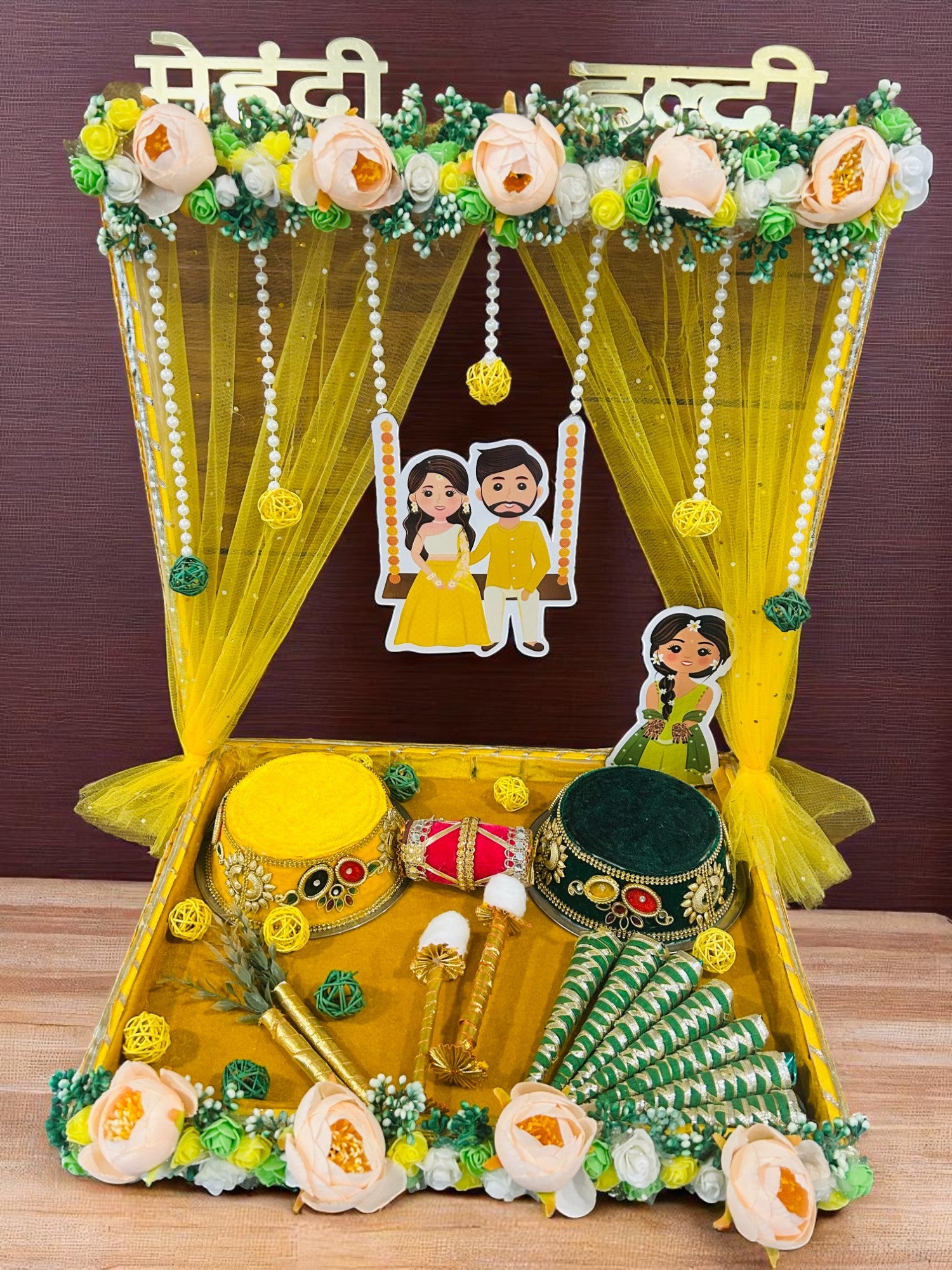 Exclusive Haldi Mehendi Platter with Pinewood Base – Green Yellow Theme  Wedding Ceremony Decor Wrap Shap