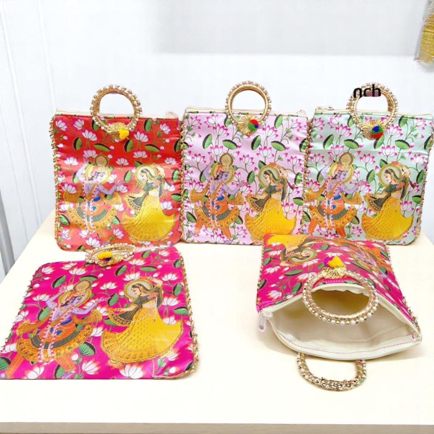 Radha Krishna with lotus print gifting bag in assorted colours with zipper and handle – Wrap Shap return gift bag for weddings and pooja functions