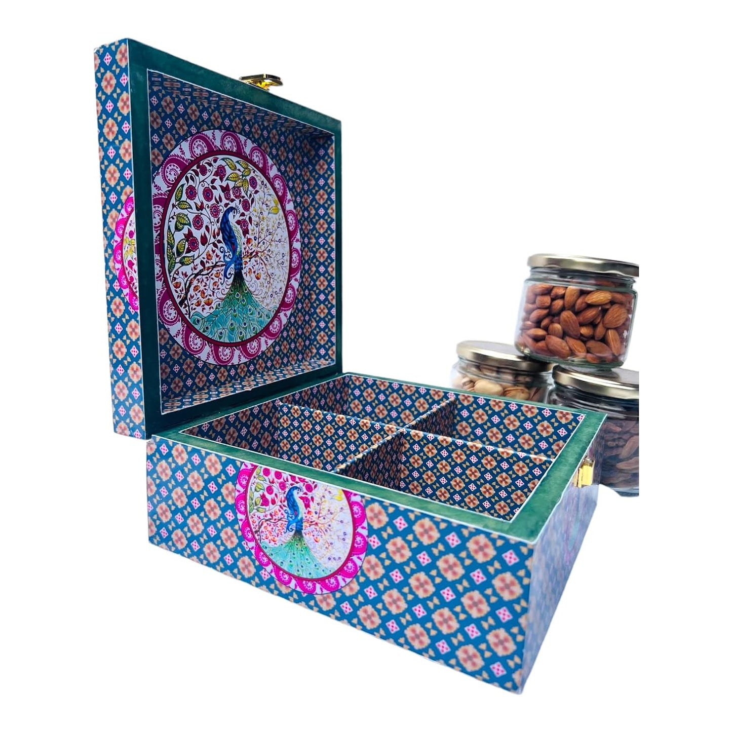 Peacock Print Digital Laminated Wooden Box with 4 Jars | Luxury Dry Fruit & Chocolate Gift Hamper