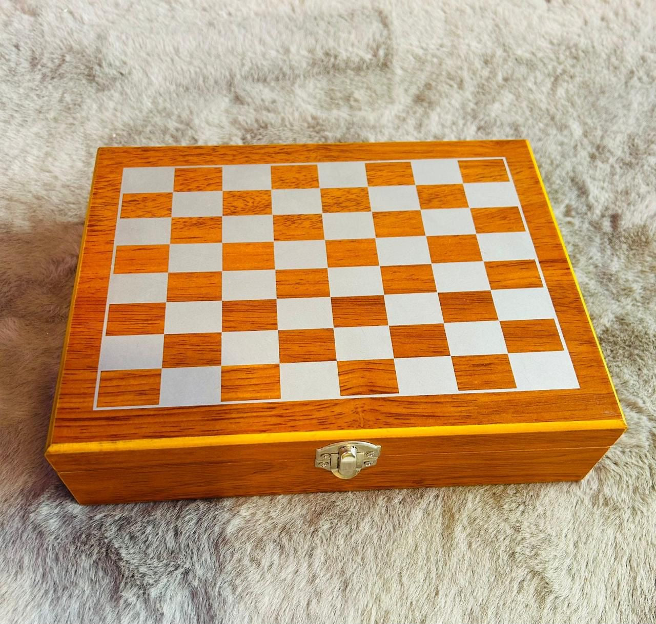 Handcrafted Wooden Chess Box with Mini Bar Set – Includes Flask and 4 Shot Glasses