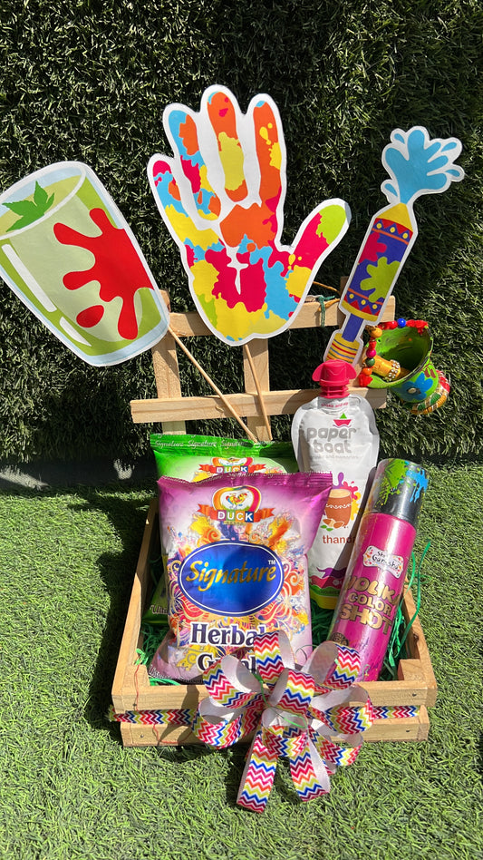 Holi Harmony Hamper: Herbal Gulal, Thandai & Color Shots in Decorated Pinewood Basket