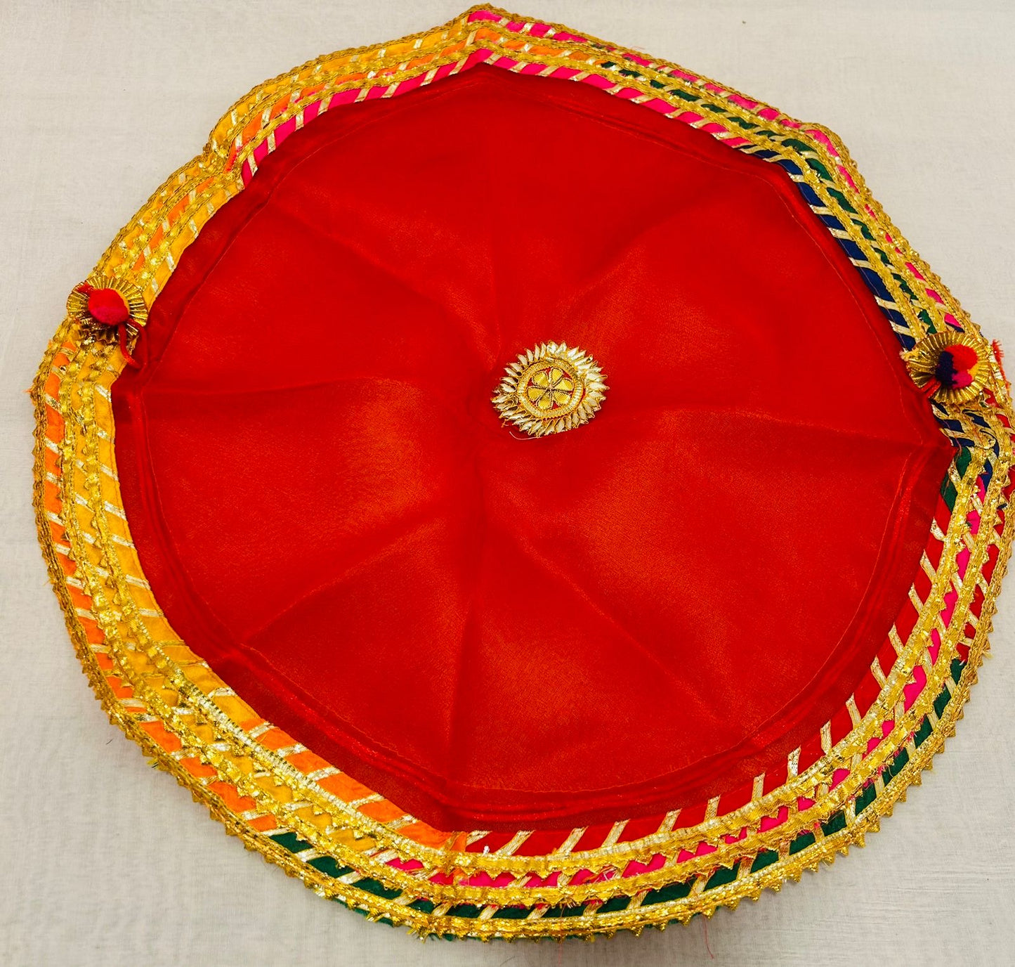 Tissue God Bharai Potli with Multicolored Lace Border – Big Size | Thaal Cover, Pooja, Wedding Use | Wrap Shap