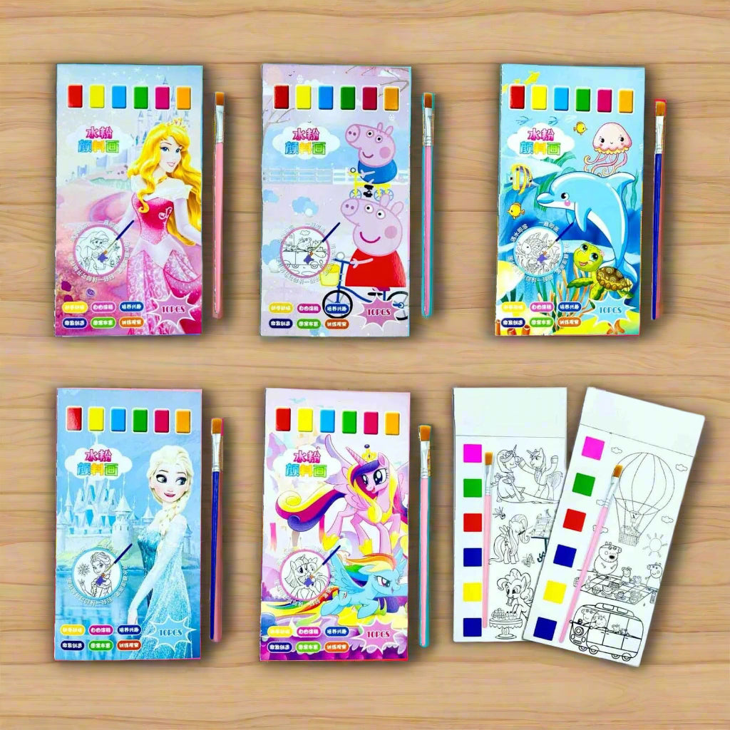 Cartoon theme watercolor painting book for kids – 10 sheets with brush, fun art activity kit for preschoolers, toddlers, and birthday return gifts.