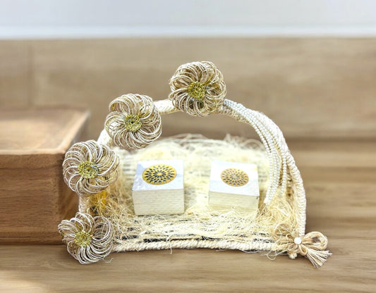 Rustic Jute Basket Engagement Ring Platter with Jute Flower Decorations and Personalized Name Cutouts