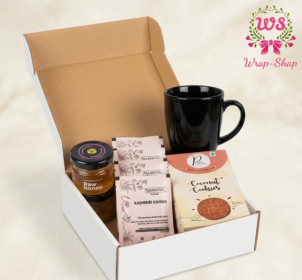 Corporate tea gift hamper with mug, premium tea sachets, cookies and honey jar for Women’s Day and employee gifting
