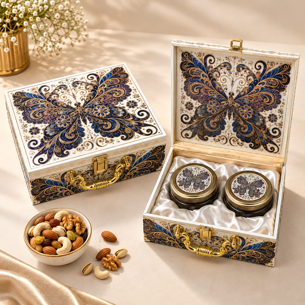 Butterfly Print Dry Fruit Gift Box in 2, 3 and 4 Jar Options by Wrap Shap