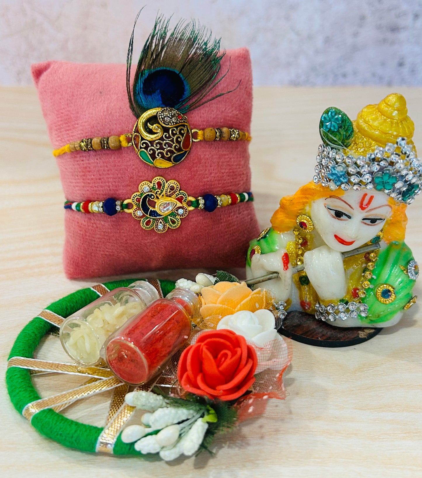 Set of 2 Peacock Design Rakhis – Feather & Metal Charm Raksha Bandhan Rakhi Set with Roli Chawal | Wrap Shap