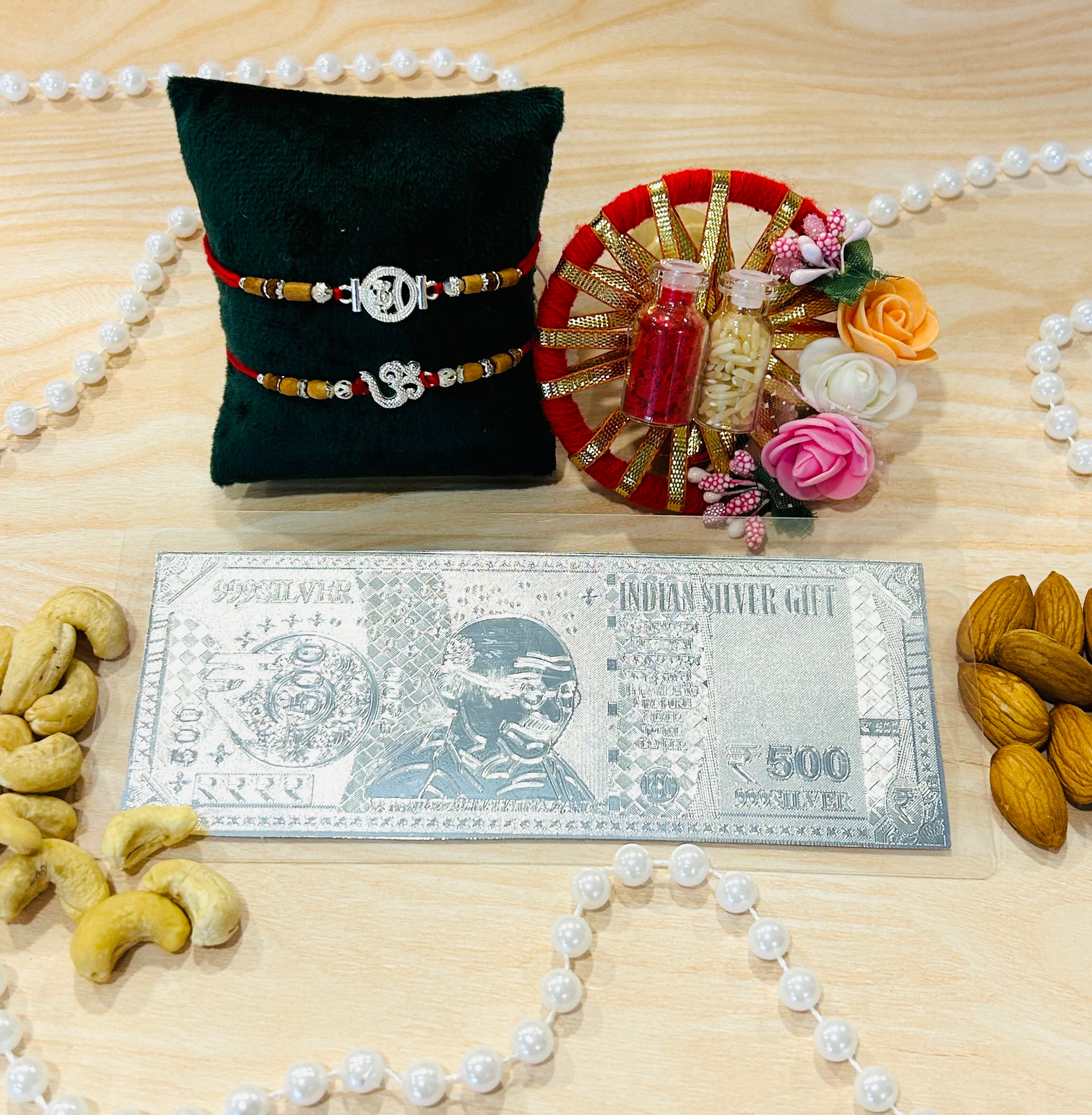 Set of 2 Silver Metal Charm Rakhi – Om & Ganesh Designer Raksha Bandhan Rakhi with Roli Chawal | Wrap Shap