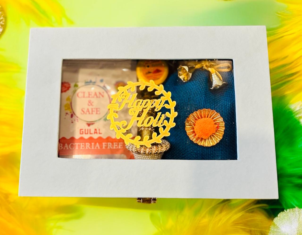 Holi Gift Hamper – Gujiya, Organic Gulal, Chandan Tikka & Balti Pichkari in a Decorative Trunk Box