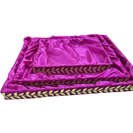 Elegant MDF 3 Pcs Tray Set with Gota Leaf Lace and Satin – Ideal for Gift Packing, Hampers, Weddings, and Jewellery Presentation