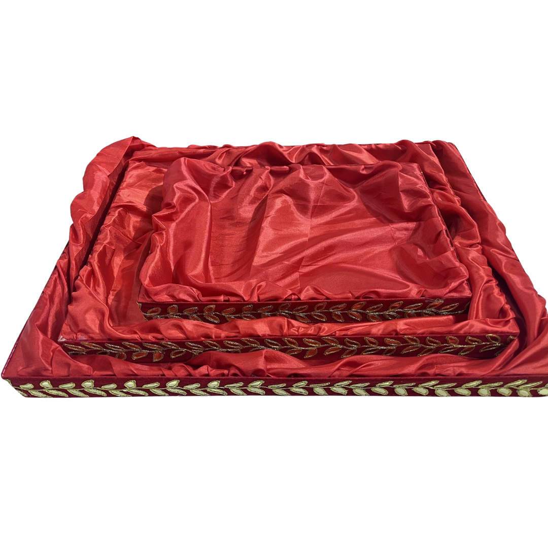 Elegant MDF 3 Pcs Tray Set with Gota Leaf Lace and Satin – Ideal for Gift Packing, Hampers, Weddings, and Jewellery Presentation
