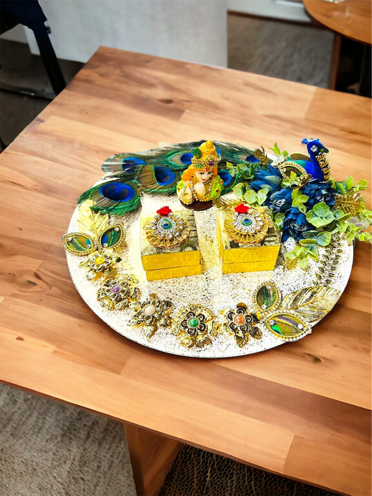 Eternal Love Peacock-themed Engagement Ring Platter with Krishna Idol