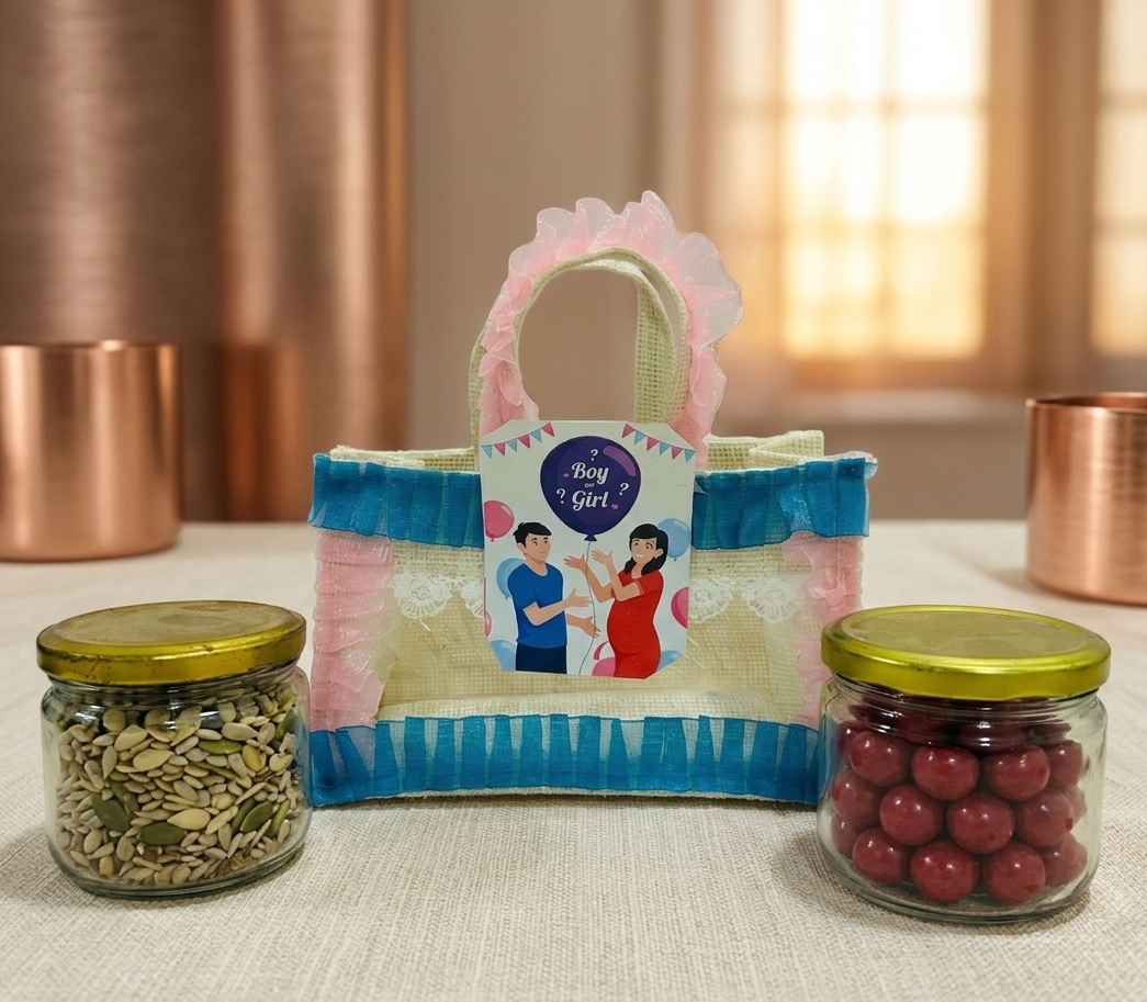 Baby shower return gift hamper with mixed seeds and cranberry jars packed in eco friendly jute bag.