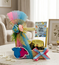 Baby return gift hamper with cookies and almonds jars packed in decorated pinewood basket.