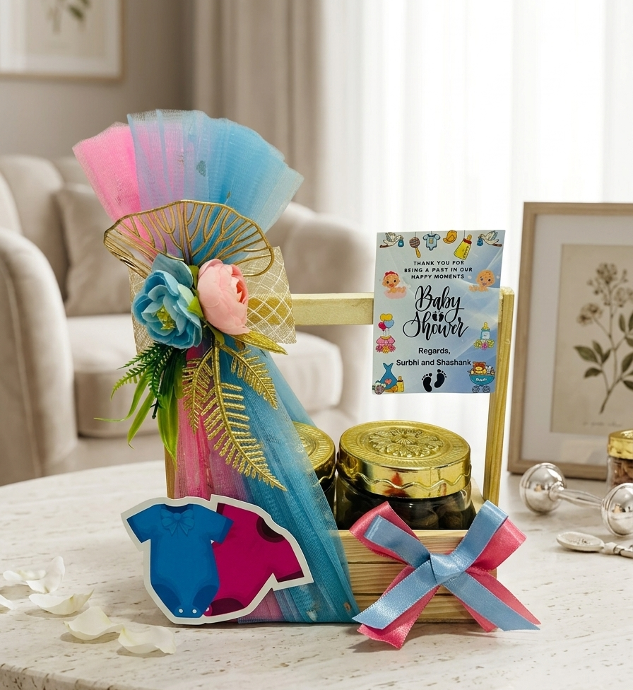 Baby return gift hamper with cookies and almonds jars packed in decorated pinewood basket.